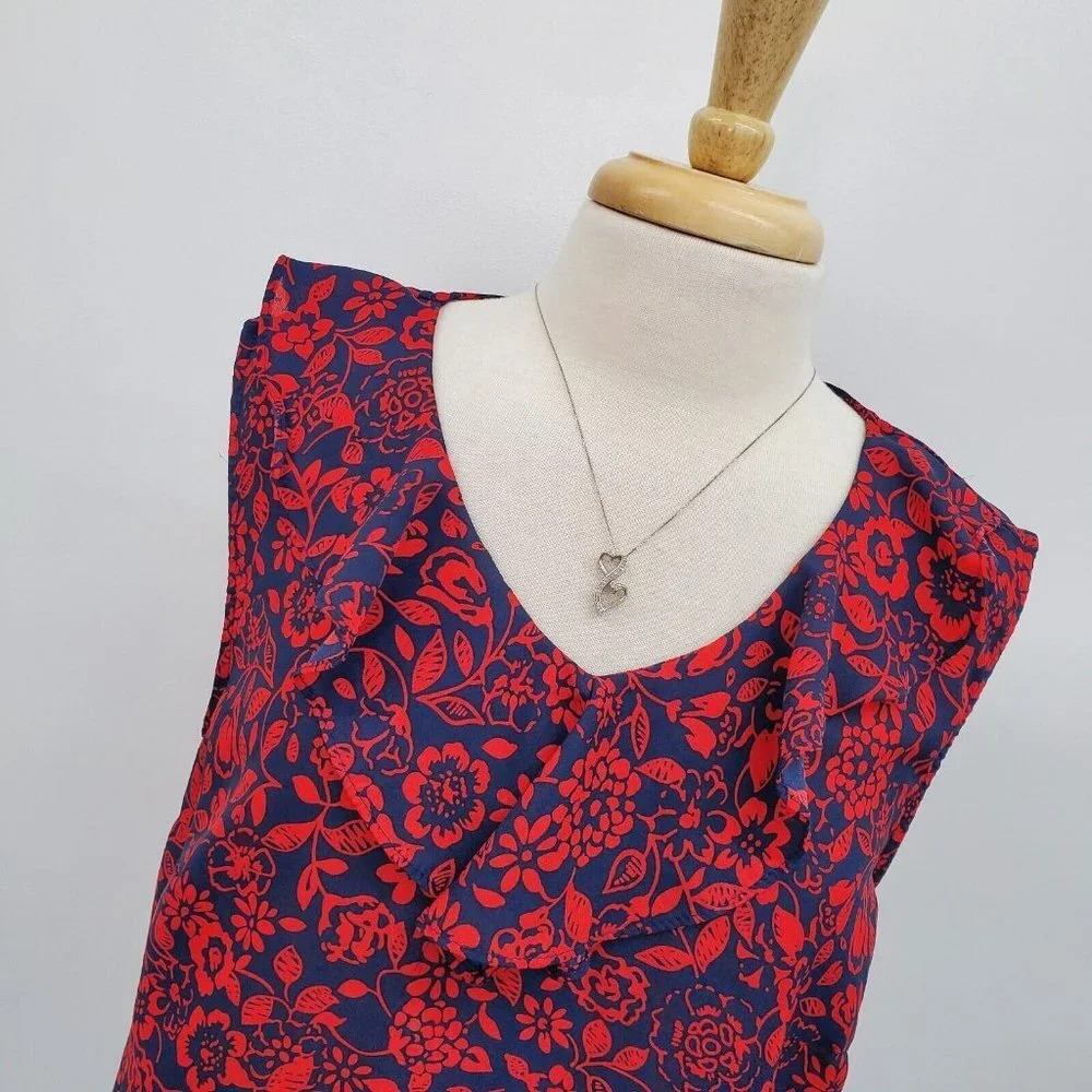 Terra & Sky Womens Sleeveless Floral High Low Blouse Top Size 0X Red Blue Ruffle